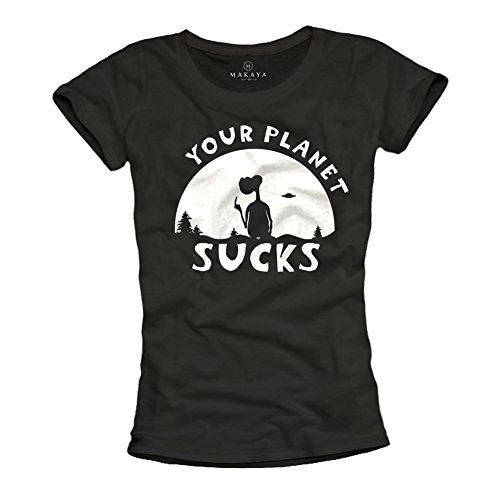 Coole Geek T-Shirts mit Aufdruck Your Planet Sucks schwarz Damen Größe M von MAKAYA