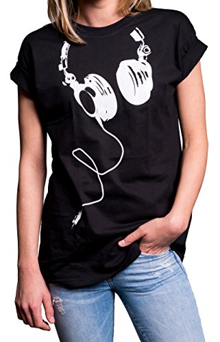Coole Oberteile Damen - Hipster Oversize Shirt Kurzarm große Größen - Kopfhörer Aufdruck schwarz M von MAKAYA