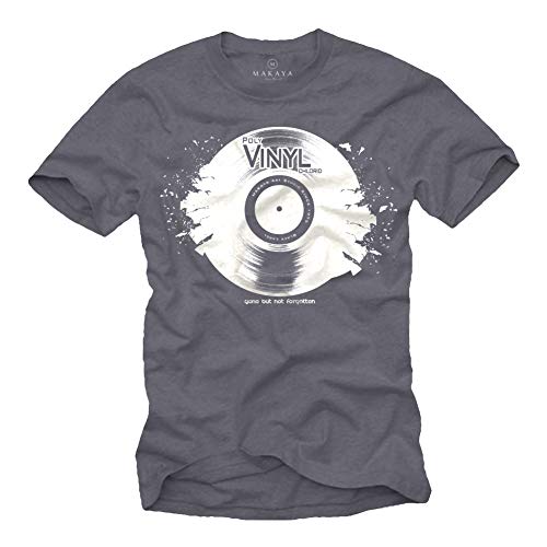 Cooles Dj T-Shirt mit Vinyl Schallplatte Blaugrau Größe L von MAKAYA