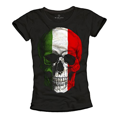 Cooles Totenkopf T-Shirt für Damen mit Italien Skull - Flagge schwarz Größe S von MAKAYA