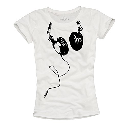 Damen T-Shirt mit Kopfhörer Headphones weiß schwarz Größe L von MAKAYA