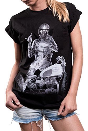 Damenshirt lässig mit Motorrad Motiv - Tattoo Pin Up mit Helm - Damen Print Shirt Größe L Schwarz von MAKAYA