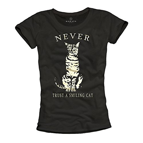 Lustige Katzen Shirts für Damen Never Trust A Smiling CAT T-Shirt schwarz Größe S von MAKAYA
