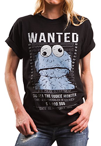 Lustiges Damen Oversize Shirt mit Aufdruck - Wanted - locker und lässig geschnitten Cookie Monster schwarz Größe S von MAKAYA