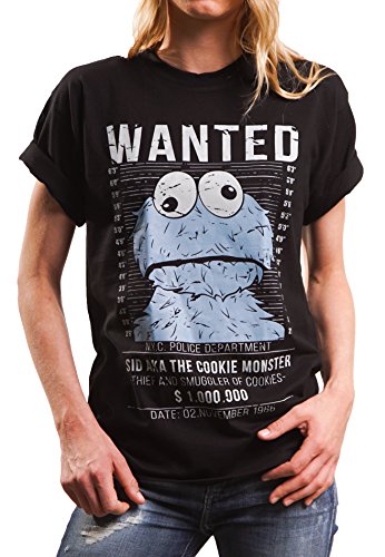 Lustiges Damen Oversize Shirt mit Aufdruck - Wanted - locker und lässig geschnitten Cookie Monster schwarz Größe XL von MAKAYA