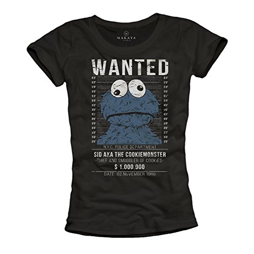 Lustiges Wanted T-Shirt für Frauen - Cookie Monster - Top schwarz M von MAKAYA