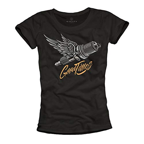 MAKAYA Biker Shirt für Damen - Zündkerze mit Spruch Good Times Rockige Motorrad T-Shirts für Frauen Größe S von MAKAYA