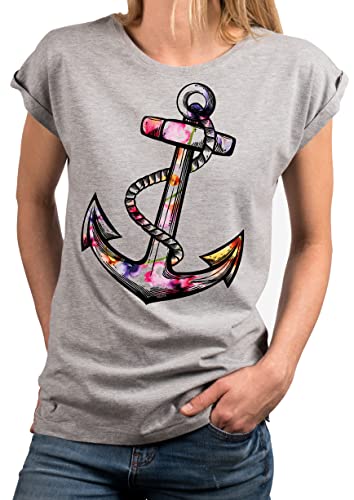 MAKAYA Blumen Shirt Damen Bunt Anker Motiv Sommer Top Große Größen Tunika Mädchen Frauen Große Größen Hellgrau XXL von MAKAYA