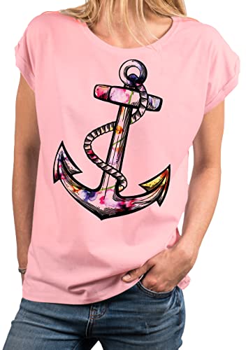 MAKAYA Blumen Shirt Damen Bunt Anker Motiv Sommer Top Große Größen Tunika Mädchen Frauen Große Größen Rosa M von MAKAYA