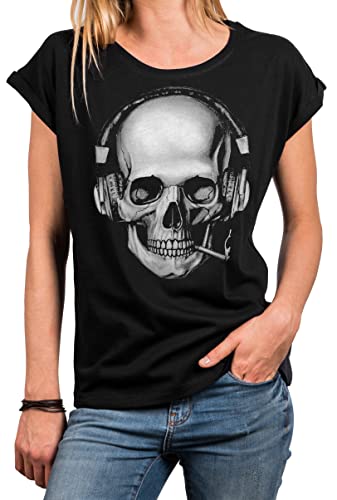 MAKAYA Damen Shirt Totenkopf Motiv Kopfhörer Skull Print Rockige Oberteile Frauen Tunkika Große Größen Oversize Schwarz S von MAKAYA