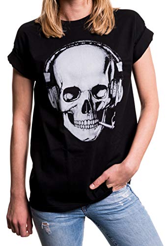 MAKAYA Damen Shirt Totenkopf - Rockiges Skull Top mit Kopfhörern - Oversize weit geschnitten Übergrößen schwarz große Größen L von MAKAYA