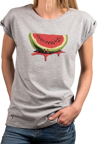 MAKAYA Damen Shirt Wassermelone Motiv Früchte Top Kurzarm Sommer Oberteile Watermelon Frauen Mädchen Hellgrau L von MAKAYA