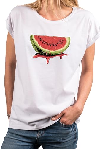 MAKAYA Damen Shirt Wassermelone Motiv Früchte Top Kurzarm Sommer Oberteile Watermelon Frauen Mädchen Weiß M von MAKAYA