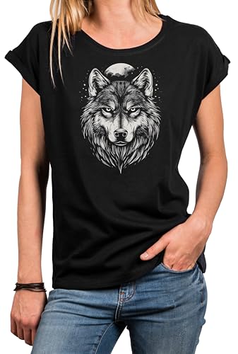 MAKAYA Damen Shirt mit Wolf Motiv Kurzarm Top Hundemotiv Wolfskopf Mond Wolfsmotiv Hunde Oberteile Schwarz XXL von MAKAYA