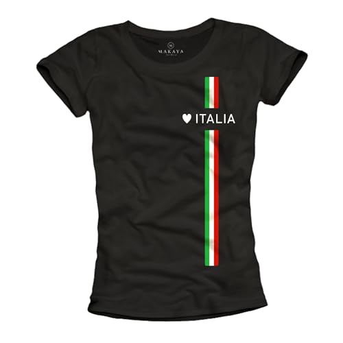 MAKAYA Damen T-Shirt Italien Fahne mit Herz Italy Italienische Flagge Mode Italiensch Italia Top Schwarz S von MAKAYA