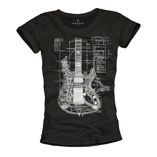 MAKAYA Damen T-Shirt mit Gitarrenmotiv Musik Geschenke Gitarren Print Top Design Rock Band Schwarz S von MAKAYA