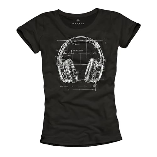 MAKAYA Damen T-Shirt mit Kopfhörer Motiv Kurzarm Top für Frauen Retro Musik Print Hip Hop Style Schwarz L von MAKAYA