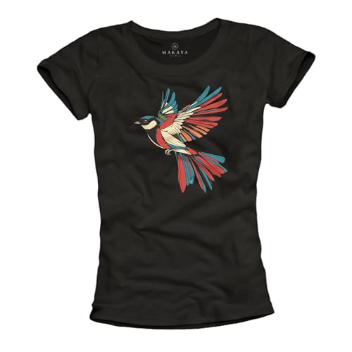 MAKAYA Damen T-Shirt mit Vogel Motiv Frauen Top Vogelmotiv Vögeln Kolibri Print Schwarz M von MAKAYA