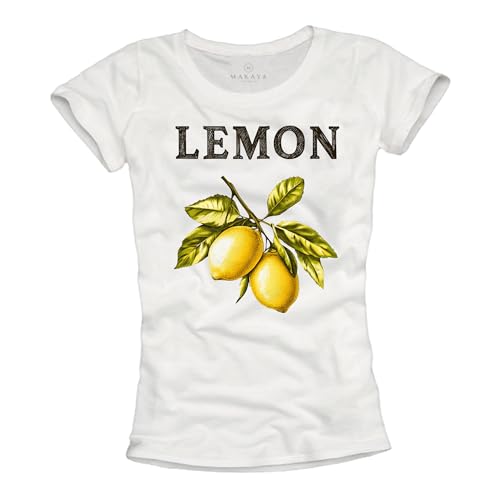 MAKAYA Damen T-Shirt mit Zitronen Print Lemon Moitv Zitronenmotiv Zitrone Sommer Top Fauen Weiß XL von MAKAYA