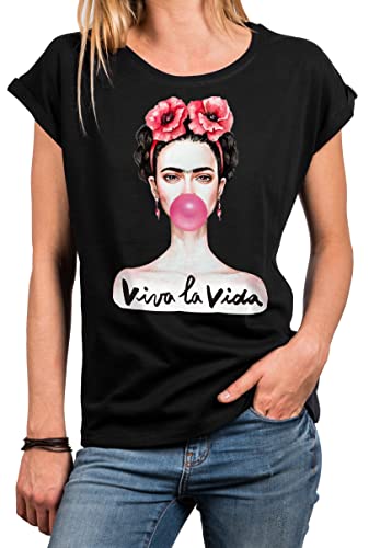 MAKAYA Damenshirt - Lustiges Sprüche T-Shirt - Fridas Kaugummi Top Viva La Vida Tunika Schwarz XS von MAKAYA