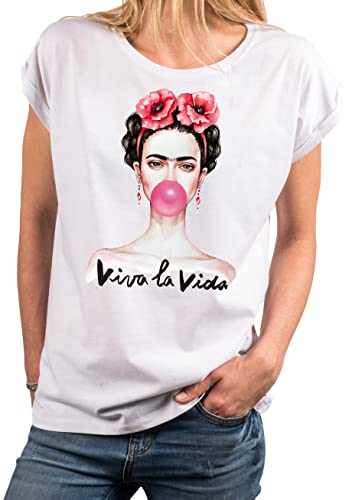 MAKAYA Damenshirt - Lustiges Sprüche T-Shirt - Fridas Kaugummi Top Viva La Vida Tunika Weiß XL von MAKAYA