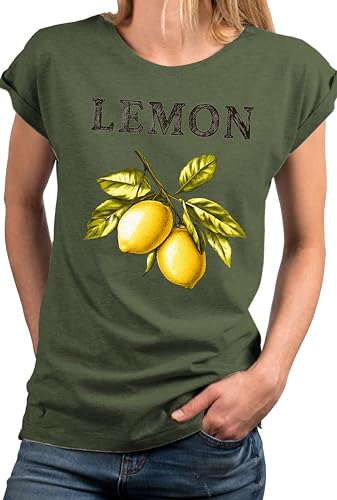 MAKAYA Damenshirt mit Zitronen Motiv Kurzarm Top Frauen Oberteil mit Zitronenprint Damen Shirt Zitrone Tshirt Grün M von MAKAYA