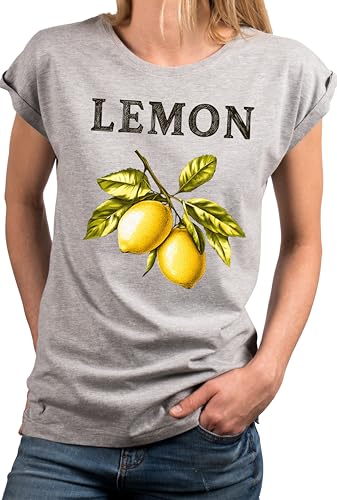 MAKAYA Damenshirt mit Zitronen Motiv Kurzarm Top Frauen Oberteil mit Zitronenprint Damen Shirt Zitrone Tshirt Hellgrau L von MAKAYA