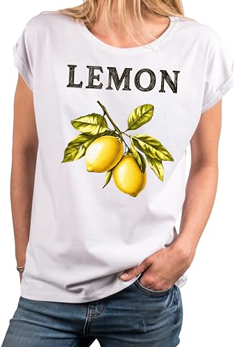 MAKAYA Damenshirt mit Zitronen Motiv Kurzarm Top Frauen Oberteil mit Zitronenprint Damen Shirt Zitrone Tshirt Weiß L von MAKAYA