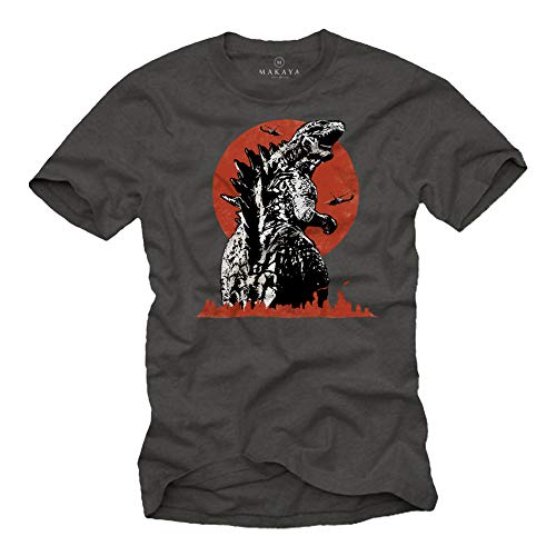 MAKAYA Godzilla T-Shirt Herren - King of Monsters - Kurzarm Rundhals Dinosaurier Tshirt mit Motiv Grau Männer/Jungen/Kinder Größe L von MAKAYA