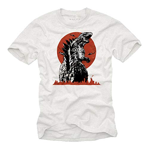 MAKAYA Godzilla T-Shirt Herren - King of Monsters - Kurzarm Rundhals Dinosaurier Tshirt mit Motiv Weiß Männer/Jungen/Kinder Größe L von MAKAYA