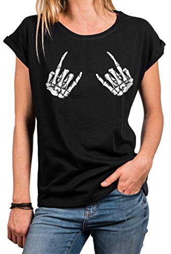 MAKAYA Hard Rock Shirt Damen - Skull Hands - Vintage Bandshirt Kurzarm Rundhals Top Baumwolle Schwarz Große Größen Gr.XS von MAKAYA