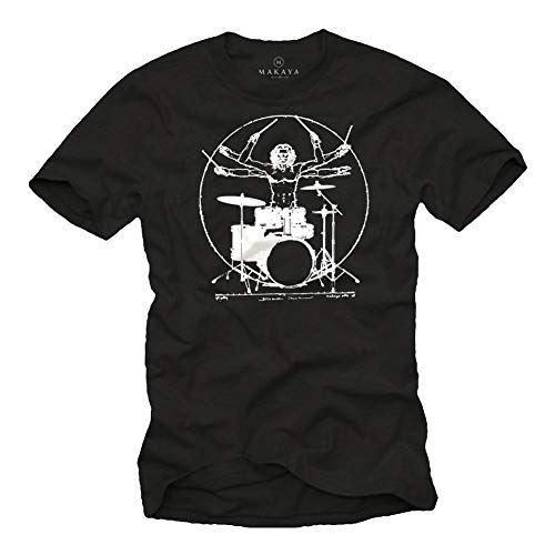 MAKAYA Herren T-Shirt Schlagzeug - Da Vinci Drummer - Schwarz Geschenke für Schlagzeuger/Musiker Männer Größe XL von MAKAYA