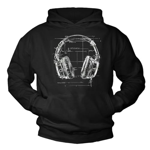 MAKAYA Hip Hop Hoodie Vintage Style Kopfhörer Motiv Pullover mit Kapuze Retro Print 80er Jahre Outfit Shirt Herren Damen Kinder Mädchen Schwarz L von MAKAYA