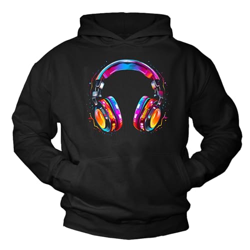MAKAYA Hip Hop Hoodie mit Kopfhörer Motiv 80er 90er Jahre Festival Outfit Kapuzenpullover Herren Jungen Mädchen Kinder Rap Schwarz XXXL von MAKAYA