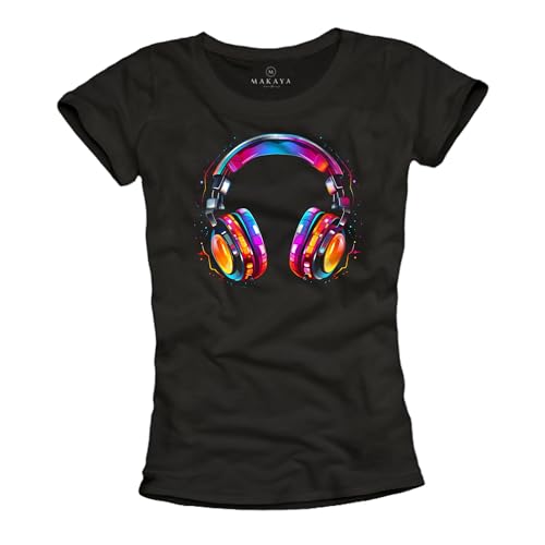 MAKAYA Hip Hop T-Shirt Mädchen Musik Queen Kopfhörer Motiv Damen Top Frauen Sommer Oberteile Schwarz S von MAKAYA