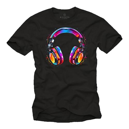MAKAYA Hip Hop T-Shirt mit Kopfhörer Motiv Aufdruck Print Bunt Herren Kinder Jungs Jungen Schwarz XXL von MAKAYA