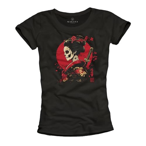 MAKAYA Japanische Geisha T-Shirt für Damen Japan Anime Samurai Frauen Motiv Skull Totenkopf Top Zeichen Schwarz M MAKAYA Japanische Geisha T-Shirt für Damen Japan Anime Samurai Frauen Motiv Skull Totenkopf Top Zeichen Schwarz M von MAKAYA