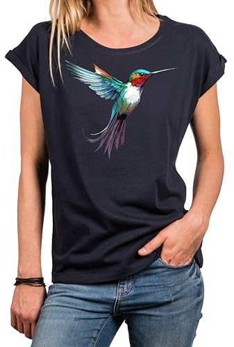 MAKAYA Kolibri T-Shirt Damen Top Sommer Oberteile Print Aufdruck Druck Damenshirt mit Motiv Große Größen Blau L von MAKAYA