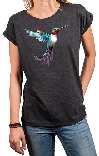 MAKAYA Kolibri T-Shirt Damen Top Sommer Oberteile Print Aufdruck Druck Damenshirt mit Motiv Große Größen Dunkelgrau L von MAKAYA