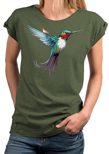 MAKAYA Kolibri T-Shirt Damen Top Sommer Oberteile Print Aufdruck Druck Damenshirt mit Motiv Große Größen Grün S von MAKAYA