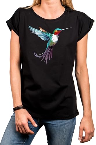 MAKAYA Kolibri T-Shirt Damen Top Sommer Oberteile Print Aufdruck Druck Damenshirt mit Motiv Große Größen Schwarz M von MAKAYA