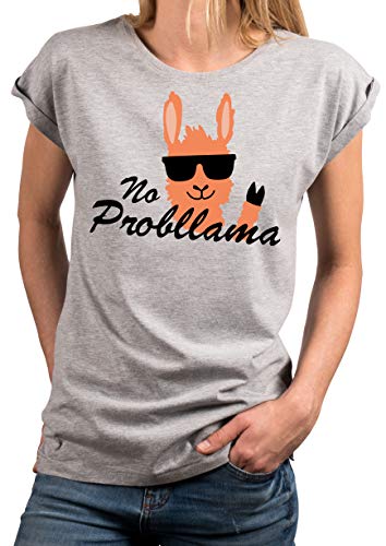 MAKAYA Kurzarm Damen T-Shirt mit Spruch - No Probllama Lama - locker und weit geschnitten hellgrau Größe XXL von MAKAYA