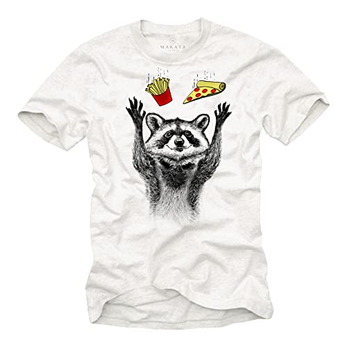 MAKAYA Lustige T-Shirts für Männer/Jungen - Waschbär Pizza Pommes Motiv Kinder Herren Geschenke Weiß L von MAKAYA