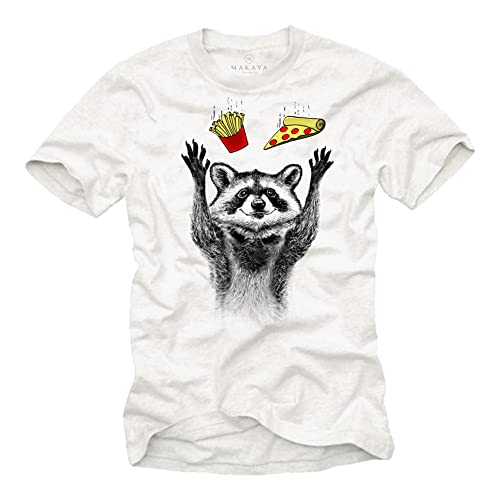 MAKAYA Lustige T-Shirts für Männer/Jungen - Waschbär Pizza Pommes Motiv Kinder Herren Geschenke Weiß S von MAKAYA