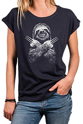 MAKAYA Lustiges Damenshirt mit Aufdruck - Faultier Sloth Kurzarm T-Shirt - Große Größen Oversized Top Blau Gr. S von MAKAYA