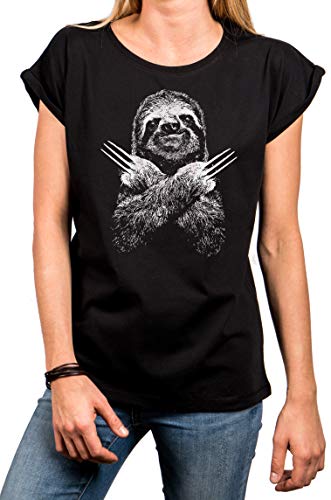 MAKAYA Lustiges Damenshirt mit Aufdruck - Faultier Sloth Kurzarm T-Shirt - Große Größen Oversized Top Schwarz Gr. XL von MAKAYA