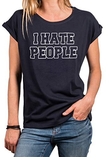 MAKAYA Lustiges Sprüche T-Shirt Damen - I Hate People - Ich Hasse Menschen Kurzarm Top Blau Rundhals Oversize Oberteil in Großen Größen Gr. M von MAKAYA