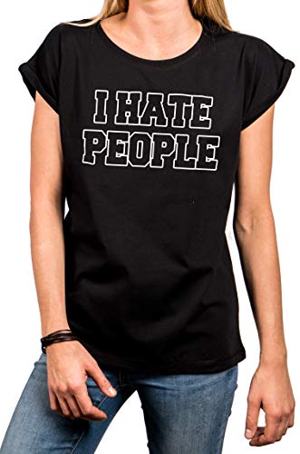 MAKAYA Lustiges Sprüche T-Shirt Damen - I Hate People - Ich Hasse Menschen Kurzarm Top Schwarz Rundhals Oversize Oberteil in Großen Größen Gr. S von MAKAYA