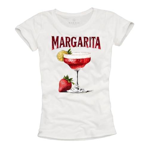 MAKAYA Margarita T-Shirt Damen Erdbeer Sommer Top Frauen Zitronen Motiv Alkohol Party Print Gläser Weiß L von MAKAYA