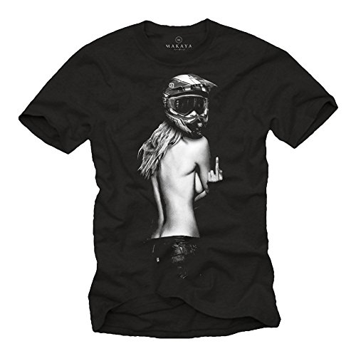 Motorrad T-Shirt Herren - Pin Up Girl mit Motocross Helm - Motorradbekleidung schwarz L von MAKAYA